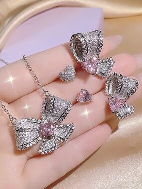 Crystal Bow Necklace and Earring Set in Pink
